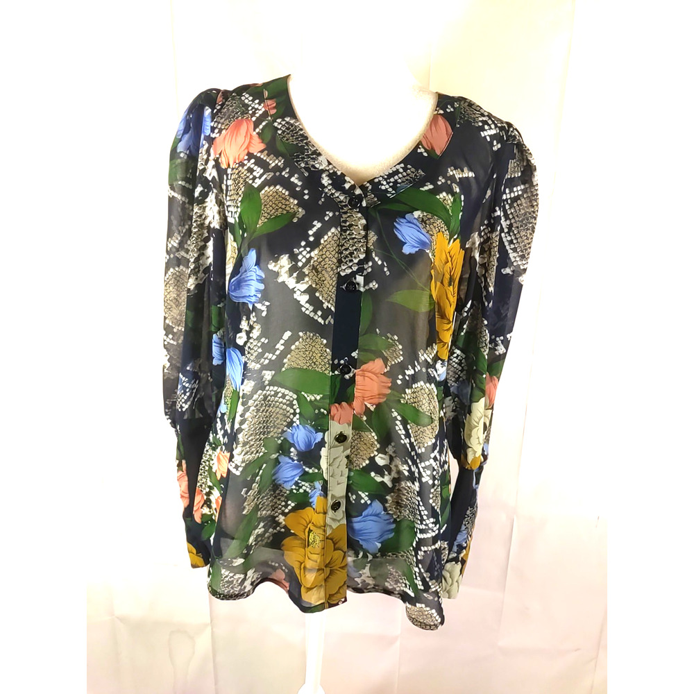 Cabi Women's Short See Through Sheer Long Sleeve Black Brown Roses V Neck...